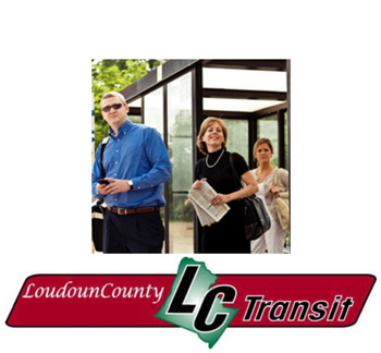 Image of bus riders and Loudoun County Transit logo